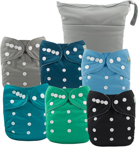 6pcs Cloth Diaper Covers &1 Wet Dry Bag, Washable Reusable Cloth Diaper Shell for Prefold with Multi-Functional Bag, Flat or Fitted Nappy Inserts