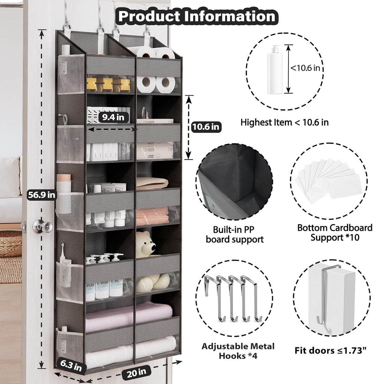 Over the Door Organizer, 5-Tier with 9 Compartments & 10 Pockets,White