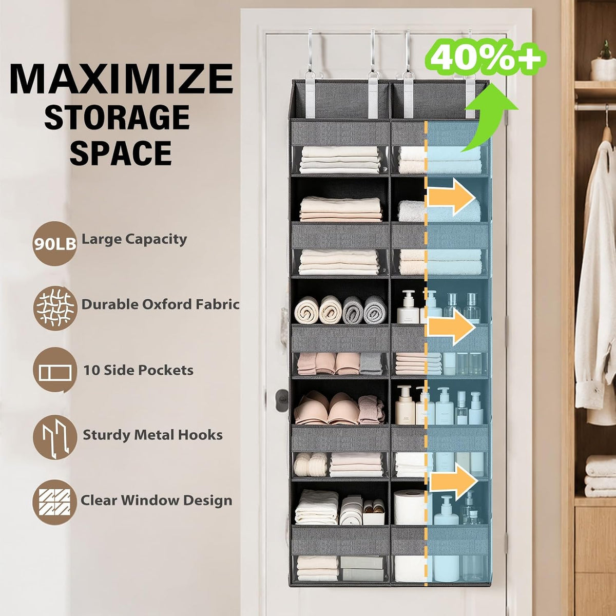 Over the Door Organizer, 5-Tier with 9 Compartments & 10 Pockets,White