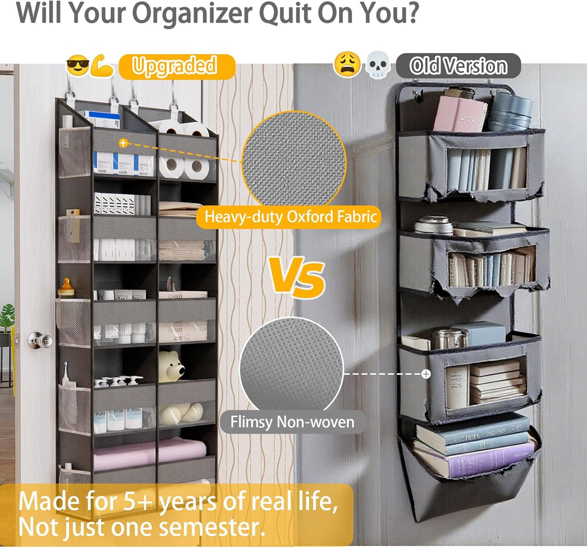 Over the Door Organizer, 5-Tier with 9 Compartments & 10 Pockets,White
