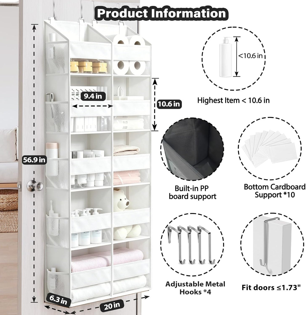Over the Door Organizer, 5-Tier with 9 Compartments & 10 Pockets,White