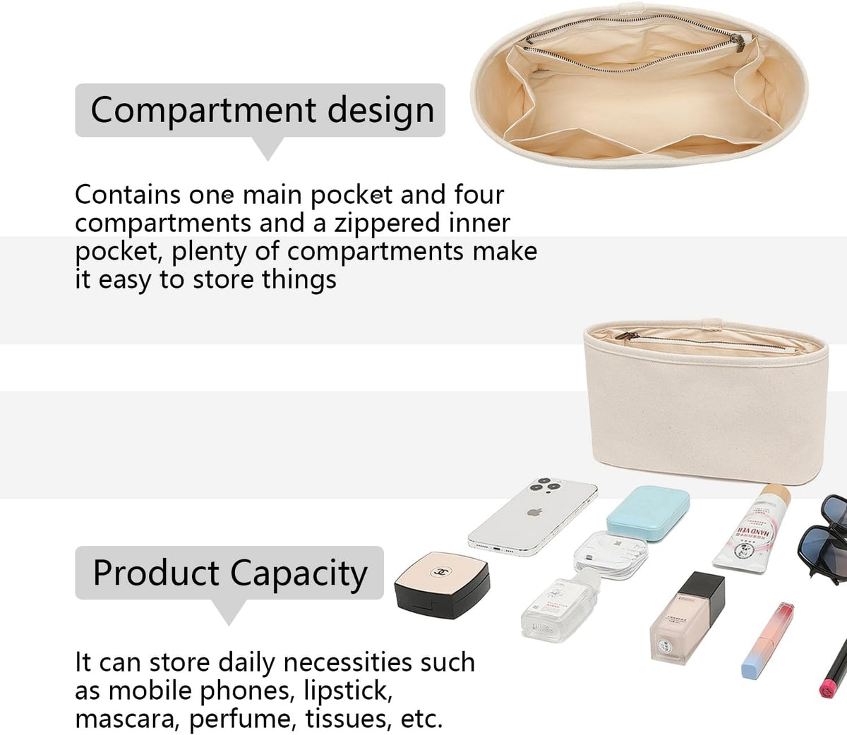 Handbag Organizers Tote Organizer Insert with Multiple Compartments Perfect for Tote Bags Simple Cosmetic Storage Bag Lightweight and Durable. (Beige,Large)