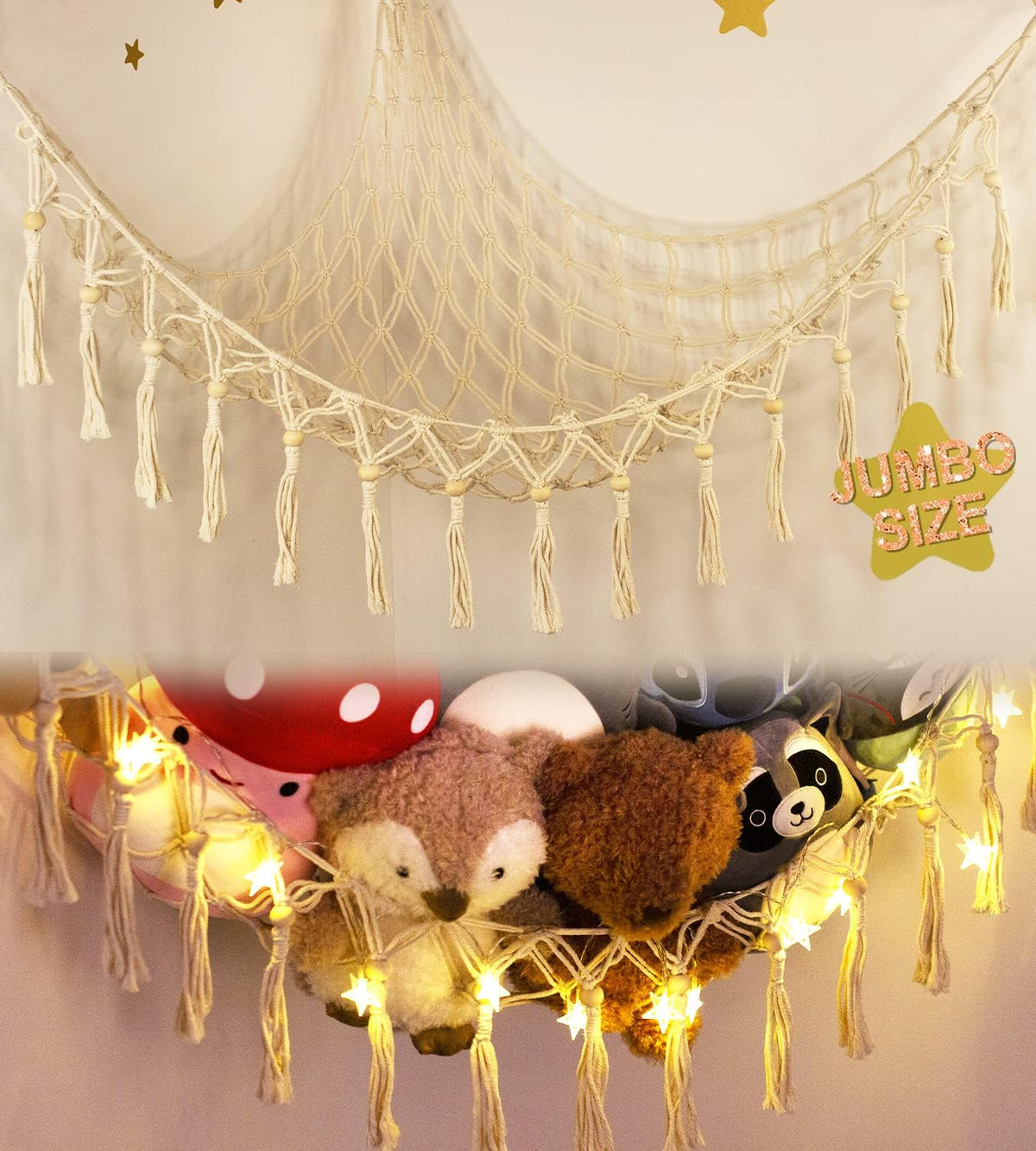 Stuffed Animal Toy Storage Hammock with LED Light - Macrame Jumbo Doll Corner Stuff Animals Organizer Decorations - Cute Hanging Plushie Net Kids Baby Nursery Bedroom Room Decor