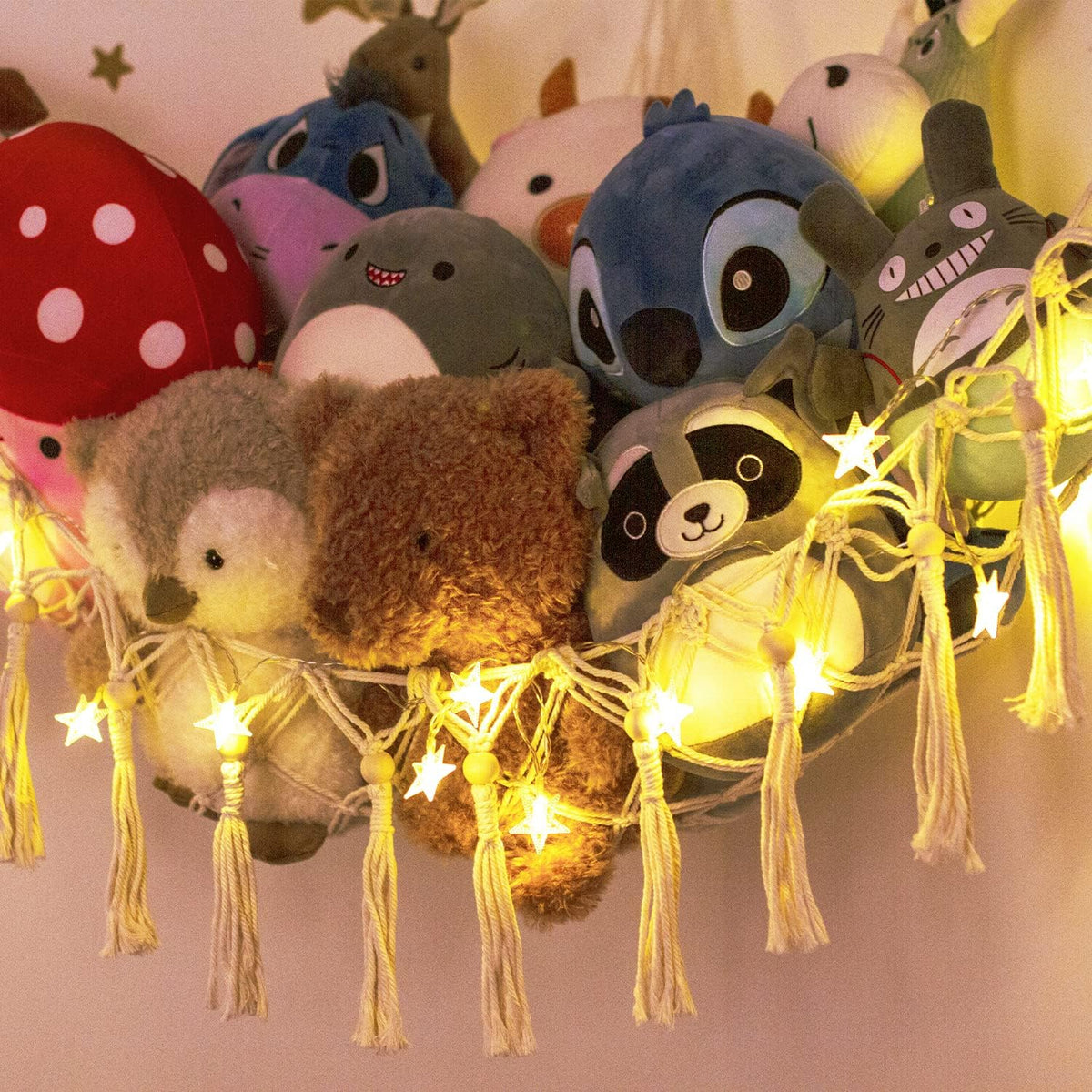 Stuffed Animal Toy Storage Hammock with LED Light - Macrame Jumbo Doll Corner Stuff Animals Organizer Decorations - Cute Hanging Plushie Net Kids Baby Nursery Bedroom Room Decor