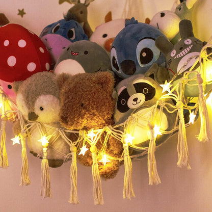 Stuffed Animal Toy Storage Hammock with LED Light - Macrame Jumbo Doll Corner Stuff Animals Organizer Decorations - Cute Hanging Plushie Net Kids Baby Nursery Bedroom Room Decor