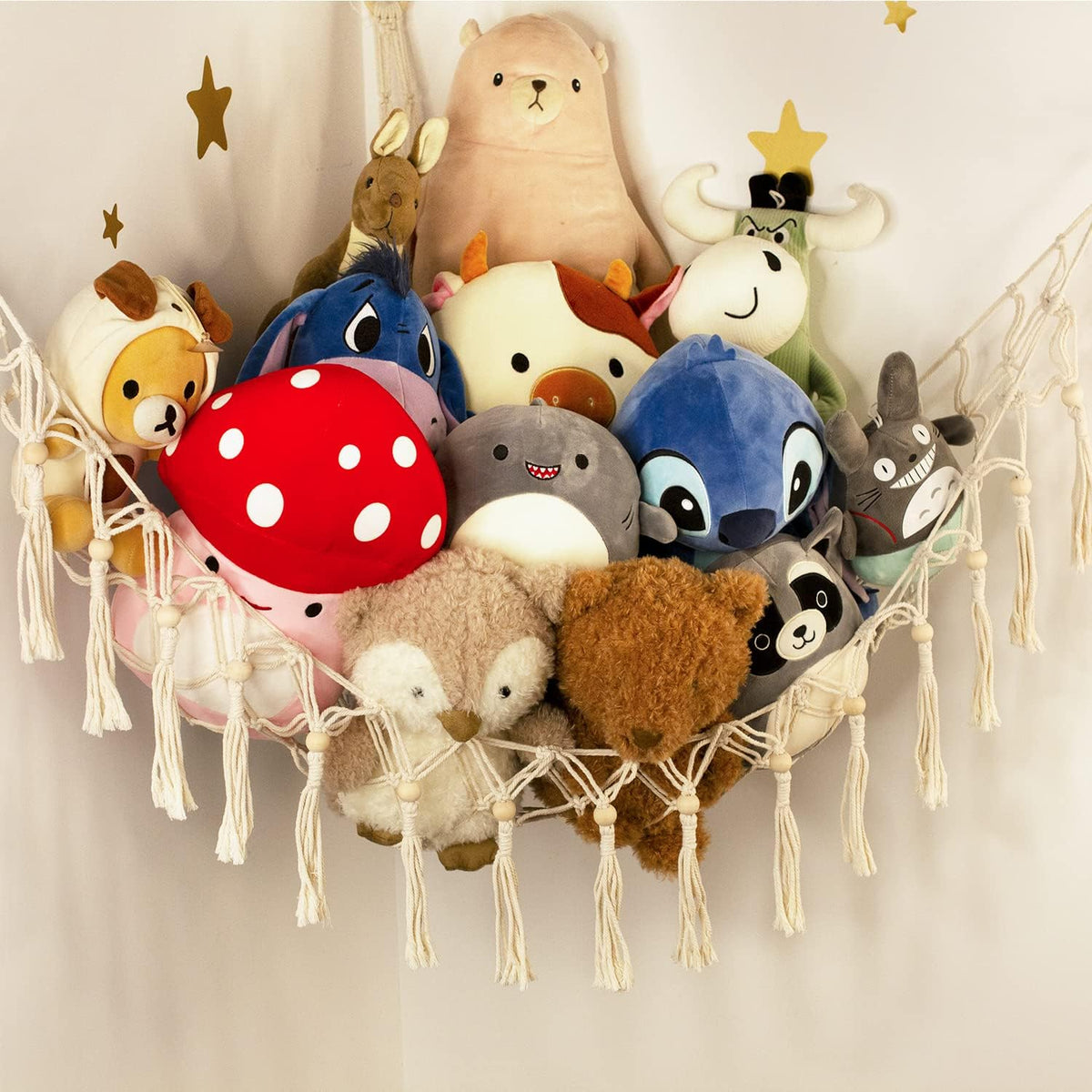 Stuffed Animal Toy Storage Hammock with LED Light - Macrame Jumbo Doll Corner Stuff Animals Organizer Decorations - Cute Hanging Plushie Net Kids Baby Nursery Bedroom Room Decor