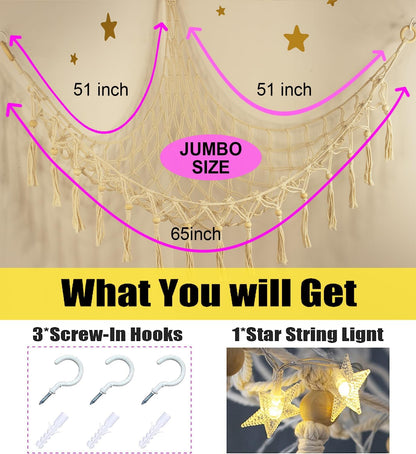 Stuffed Animal Toy Storage Hammock with LED Light - Macrame Jumbo Doll Corner Stuff Animals Organizer Decorations - Cute Hanging Plushie Net Kids Baby Nursery Bedroom Room Decor