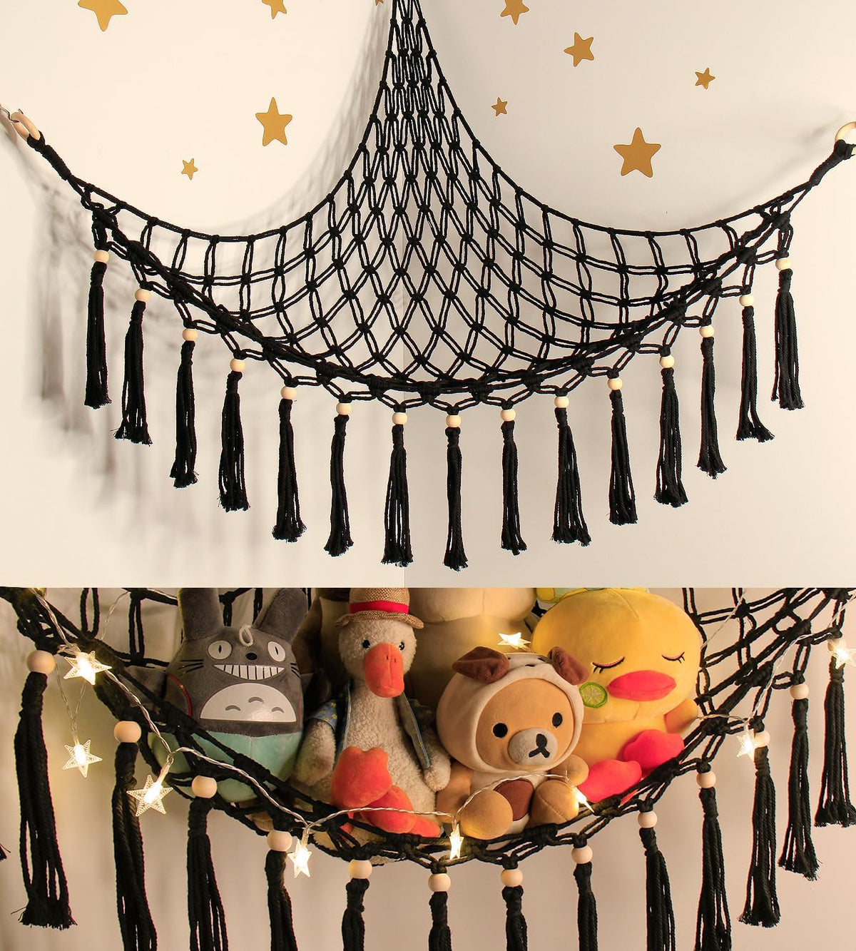 Stuffed Animal Toy Storage Hammock with LED Light - Macrame Jumbo Doll Corner Stuff Animals Organizer Decorations - Cute Hanging Plushie Net Kids Baby Nursery Bedroom Room Decor