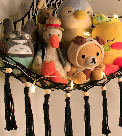 Stuffed Animal Toy Storage Hammock with LED Light - Macrame Jumbo Doll Corner Stuff Animals Organizer Decorations - Cute Hanging Plushie Net Kids Baby Nursery Bedroom Room Decor