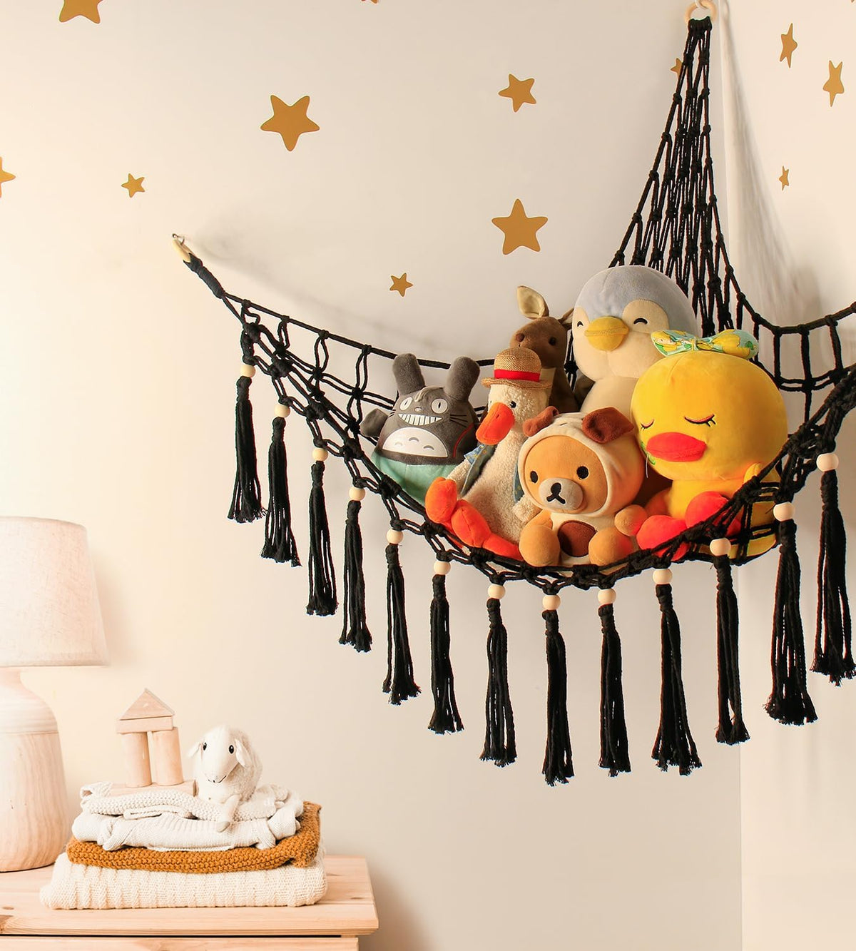 Stuffed Animal Toy Storage Hammock with LED Light - Macrame Jumbo Doll Corner Stuff Animals Organizer Decorations - Cute Hanging Plushie Net Kids Baby Nursery Bedroom Room Decor