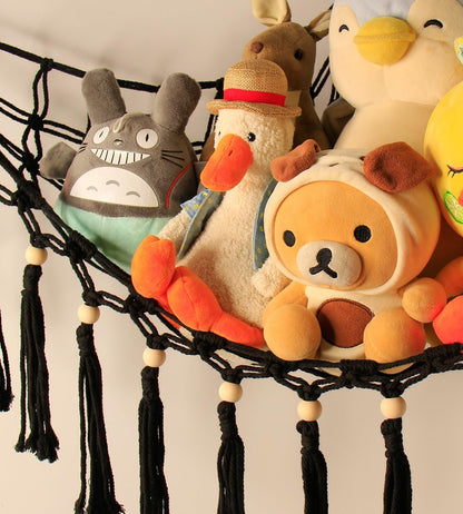Stuffed Animal Toy Storage Hammock with LED Light - Macrame Jumbo Doll Corner Stuff Animals Organizer Decorations - Cute Hanging Plushie Net Kids Baby Nursery Bedroom Room Decor