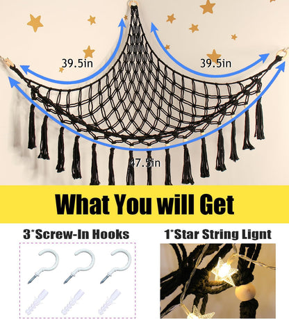 Stuffed Animal Toy Storage Hammock with LED Light - Macrame Jumbo Doll Corner Stuff Animals Organizer Decorations - Cute Hanging Plushie Net Kids Baby Nursery Bedroom Room Decor