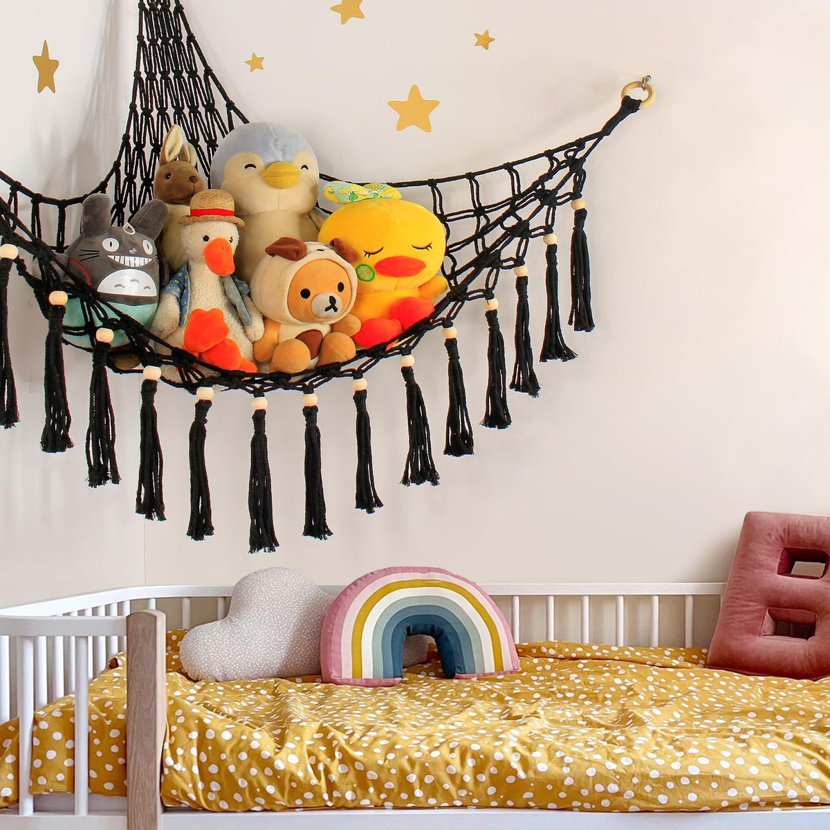 Stuffed Animal Toy Storage Hammock with LED Light - Macrame Jumbo Doll Corner Stuff Animals Organizer Decorations - Cute Hanging Plushie Net Kids Baby Nursery Bedroom Room Decor