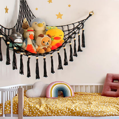 Stuffed Animal Toy Storage Hammock with LED Light - Macrame Jumbo Doll Corner Stuff Animals Organizer Decorations - Cute Hanging Plushie Net Kids Baby Nursery Bedroom Room Decor