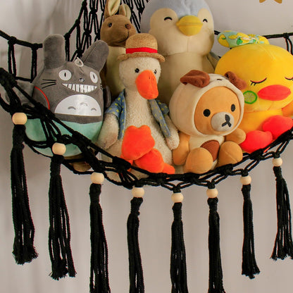Stuffed Animal Toy Storage Hammock with LED Light - Macrame Jumbo Doll Corner Stuff Animals Organizer Decorations - Cute Hanging Plushie Net Kids Baby Nursery Bedroom Room Decor