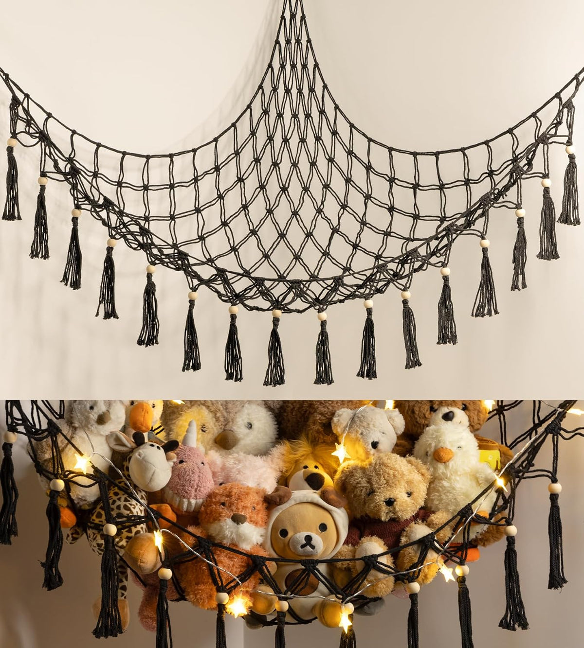 Stuffed Animal Toy Storage Hammock with LED Light - Macrame Jumbo Doll Corner Stuff Animals Organizer Decorations - Cute Hanging Plushie Net Kids Baby Nursery Bedroom Room Decor
