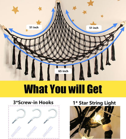 Stuffed Animal Toy Storage Hammock with LED Light - Macrame Jumbo Doll Corner Stuff Animals Organizer Decorations - Cute Hanging Plushie Net Kids Baby Nursery Bedroom Room Decor