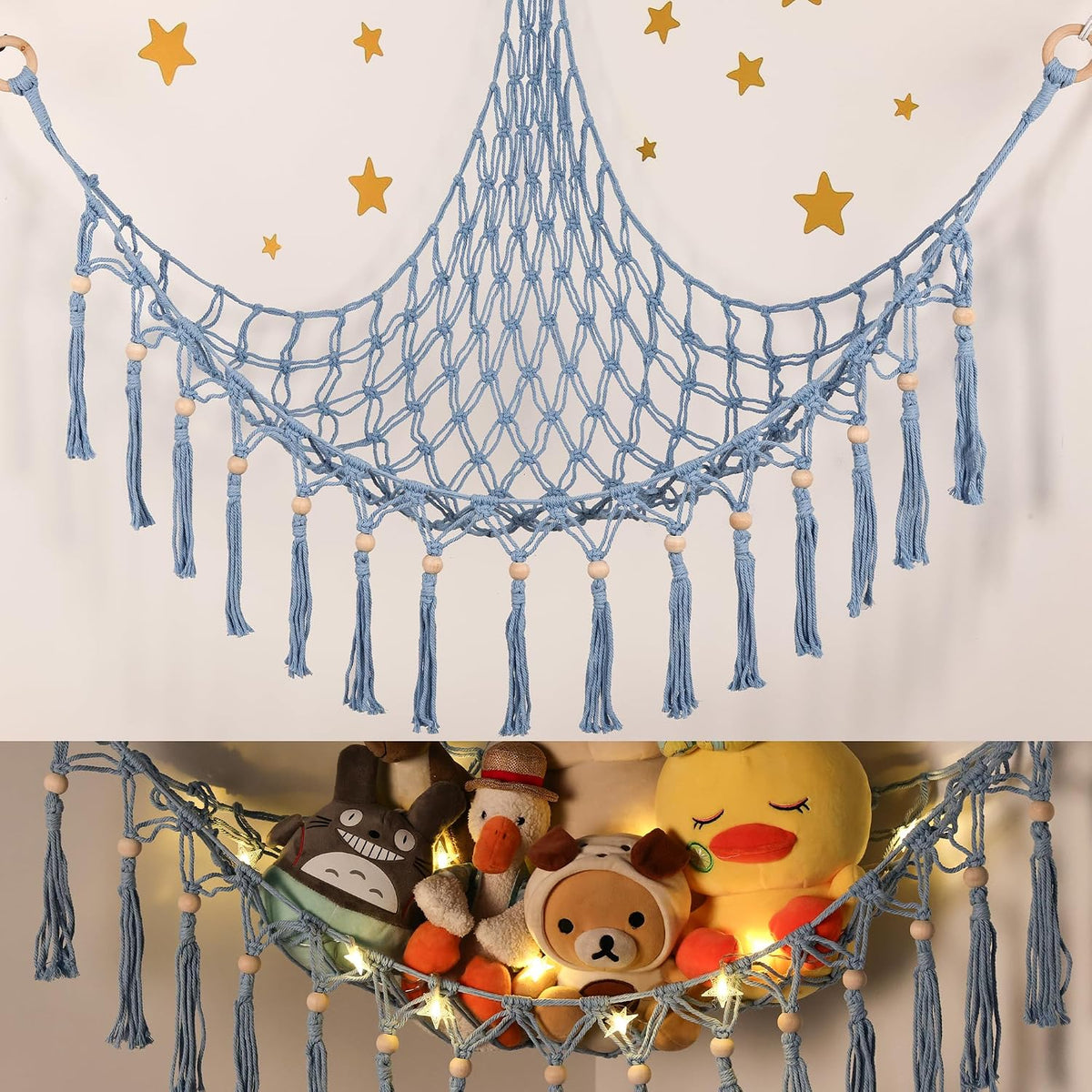 Stuffed Animal Toy Storage Hammock with LED Light - Macrame Jumbo Doll Corner Stuff Animals Organizer Decorations - Cute Hanging Plushie Net Kids Baby Nursery Bedroom Room Decor