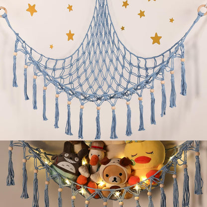 Stuffed Animal Toy Storage Hammock with LED Light - Macrame Jumbo Doll Corner Stuff Animals Organizer Decorations - Cute Hanging Plushie Net Kids Baby Nursery Bedroom Room Decor