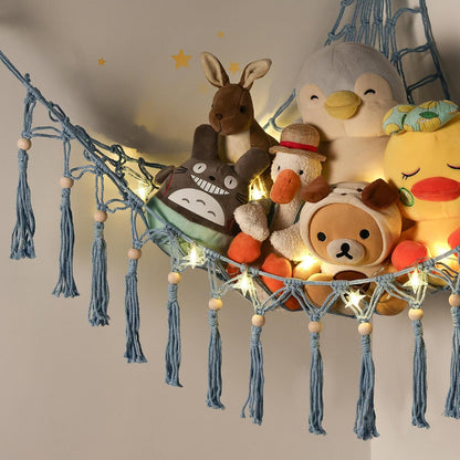 Stuffed Animal Toy Storage Hammock with LED Light - Macrame Jumbo Doll Corner Stuff Animals Organizer Decorations - Cute Hanging Plushie Net Kids Baby Nursery Bedroom Room Decor