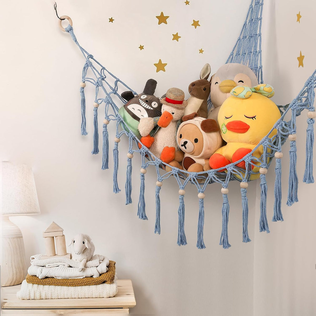 Stuffed Animal Toy Storage Hammock with LED Light - Macrame Jumbo Doll Corner Stuff Animals Organizer Decorations - Cute Hanging Plushie Net Kids Baby Nursery Bedroom Room Decor