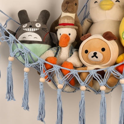 Stuffed Animal Toy Storage Hammock with LED Light - Macrame Jumbo Doll Corner Stuff Animals Organizer Decorations - Cute Hanging Plushie Net Kids Baby Nursery Bedroom Room Decor