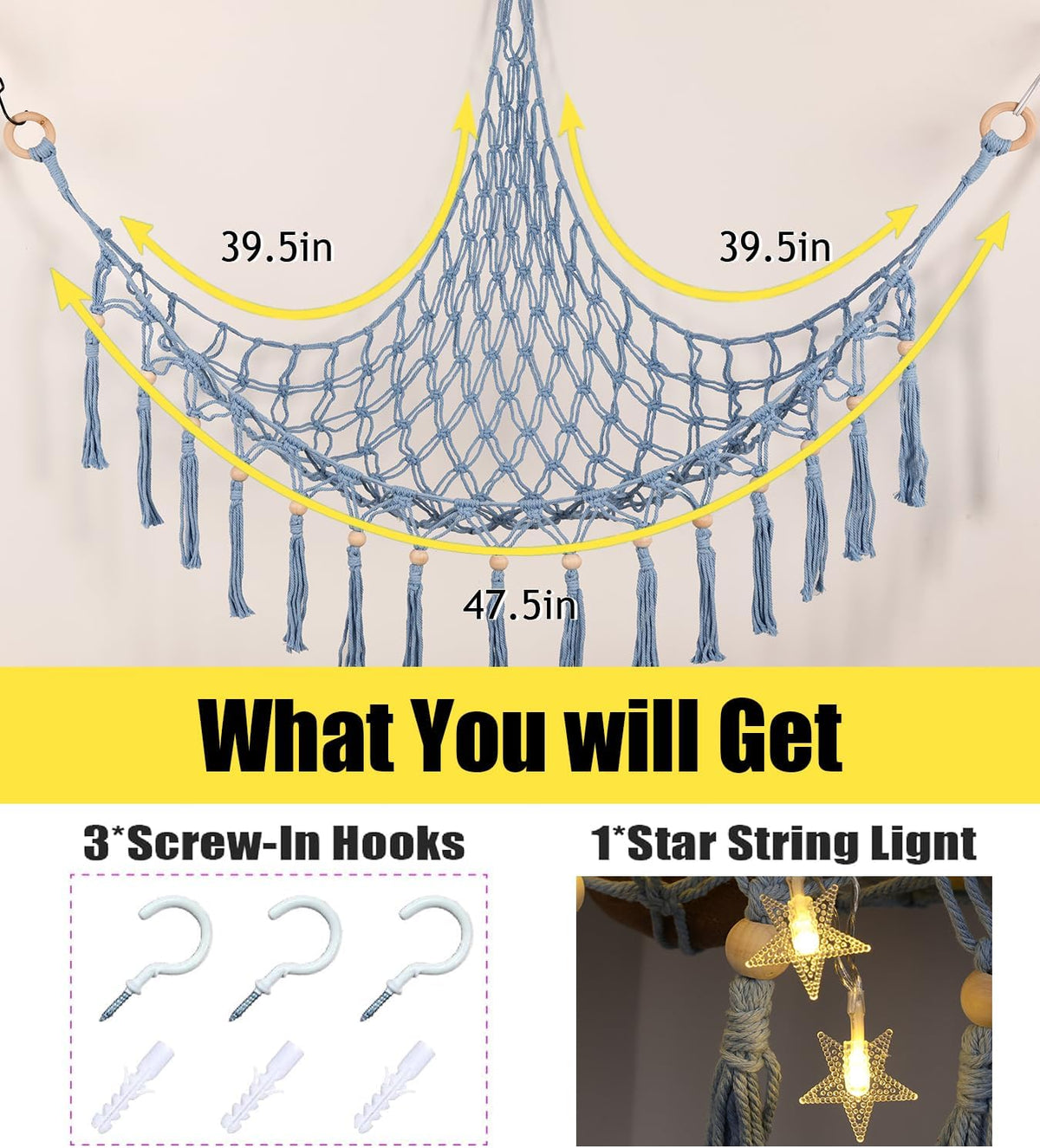 Stuffed Animal Toy Storage Hammock with LED Light - Macrame Jumbo Doll Corner Stuff Animals Organizer Decorations - Cute Hanging Plushie Net Kids Baby Nursery Bedroom Room Decor