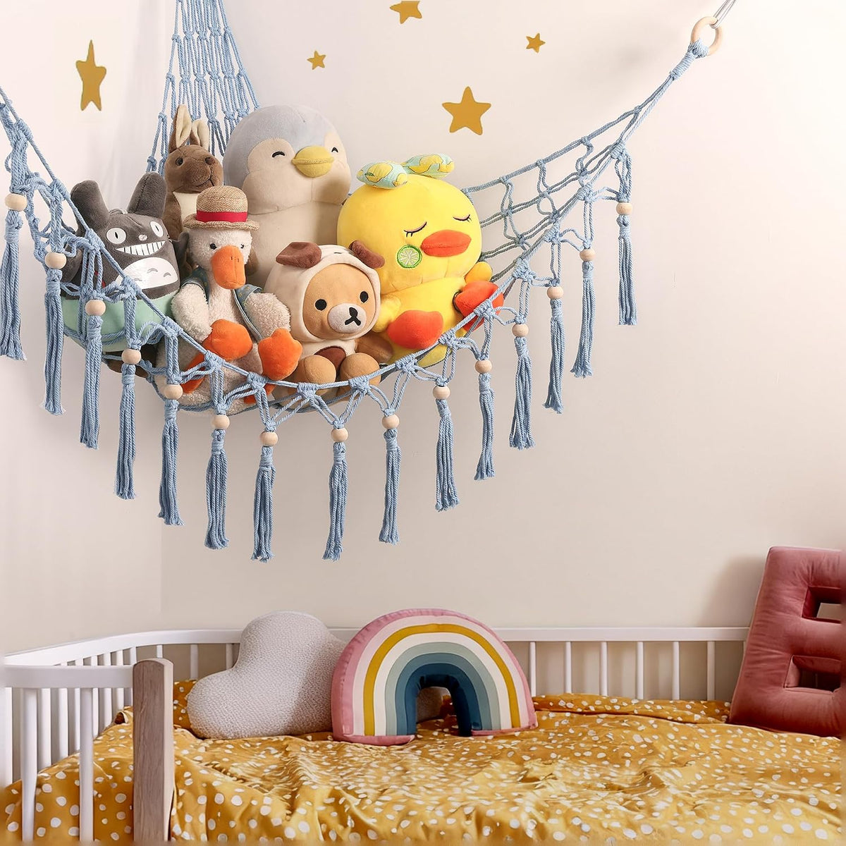 Stuffed Animal Toy Storage Hammock with LED Light - Macrame Jumbo Doll Corner Stuff Animals Organizer Decorations - Cute Hanging Plushie Net Kids Baby Nursery Bedroom Room Decor