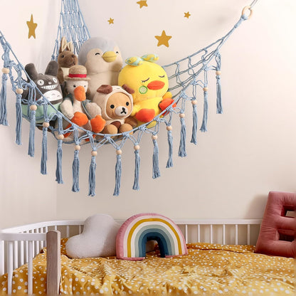 Stuffed Animal Toy Storage Hammock with LED Light - Macrame Jumbo Doll Corner Stuff Animals Organizer Decorations - Cute Hanging Plushie Net Kids Baby Nursery Bedroom Room Decor