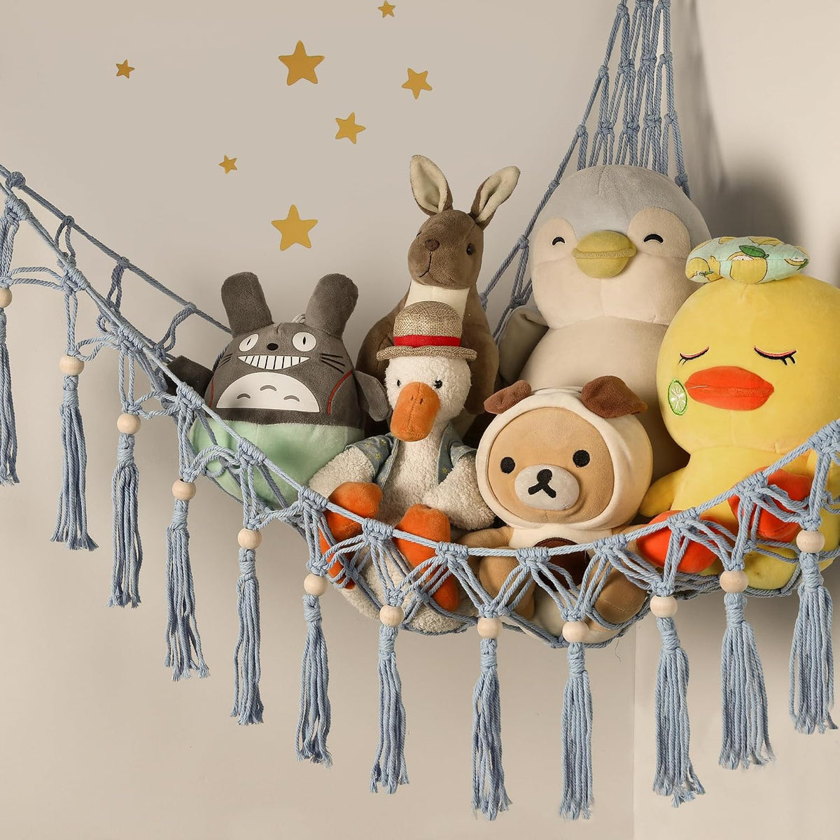 Stuffed Animal Toy Storage Hammock with LED Light - Macrame Jumbo Doll Corner Stuff Animals Organizer Decorations - Cute Hanging Plushie Net Kids Baby Nursery Bedroom Room Decor