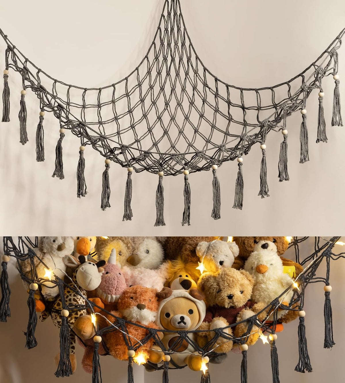 Stuffed Animal Toy Storage Hammock with LED Light - Macrame Jumbo Doll Corner Stuff Animals Organizer Decorations - Cute Hanging Plushie Net Kids Baby Nursery Bedroom Room Decor