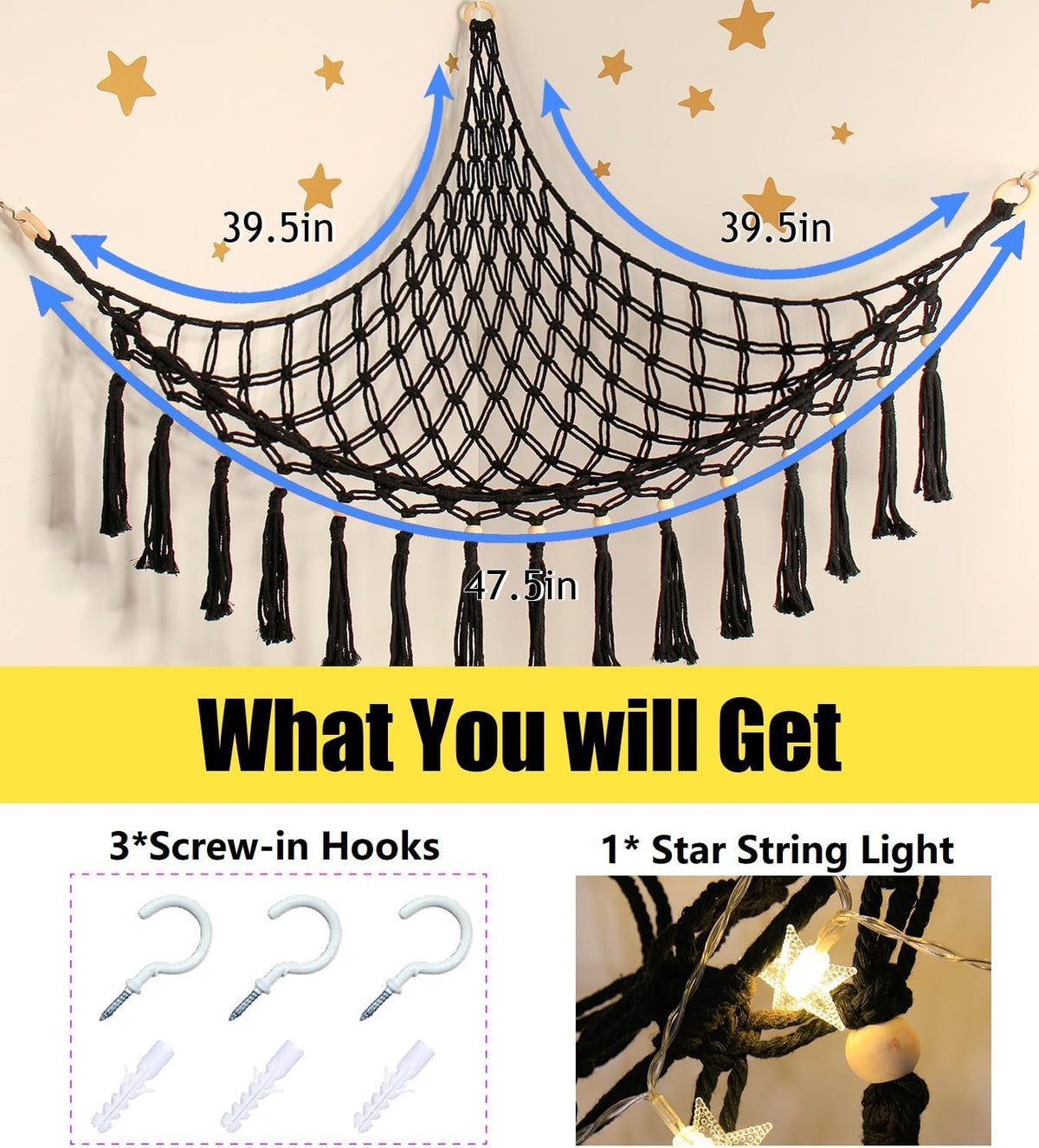 Stuffed Animal Toy Storage Hammock with LED Light - Macrame Jumbo Doll Corner Stuff Animals Organizer Decorations - Cute Hanging Plushie Net Kids Baby Nursery Bedroom Room Decor