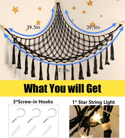 Stuffed Animal Toy Storage Hammock with LED Light - Macrame Jumbo Doll Corner Stuff Animals Organizer Decorations - Cute Hanging Plushie Net Kids Baby Nursery Bedroom Room Decor