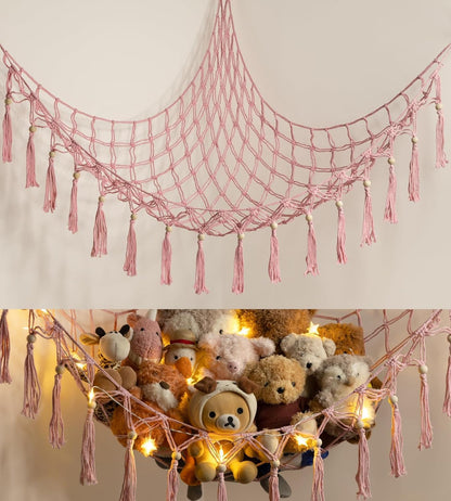 Stuffed Animal Toy Storage Hammock with LED Light - Macrame Jumbo Doll Corner Stuff Animals Organizer Decorations - Cute Hanging Plushie Net Kids Baby Nursery Bedroom Room Decor