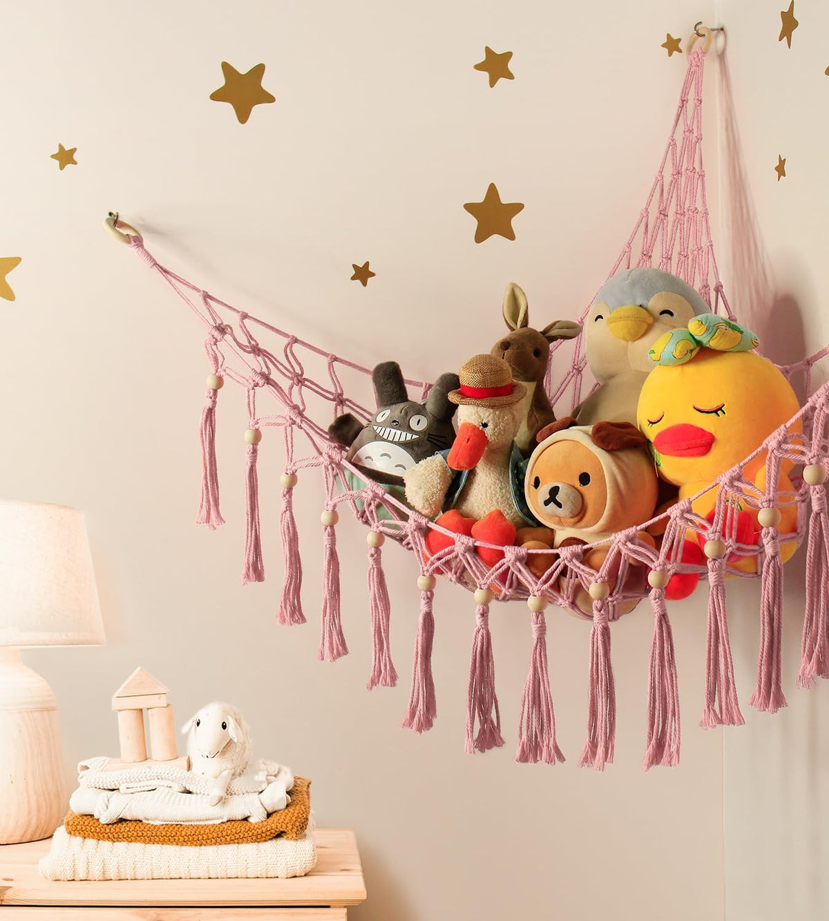 Stuffed Animal Toy Storage Hammock with LED Light - Macrame Jumbo Doll Corner Stuff Animals Organizer Decorations - Cute Hanging Plushie Net Kids Baby Nursery Bedroom Room Decor
