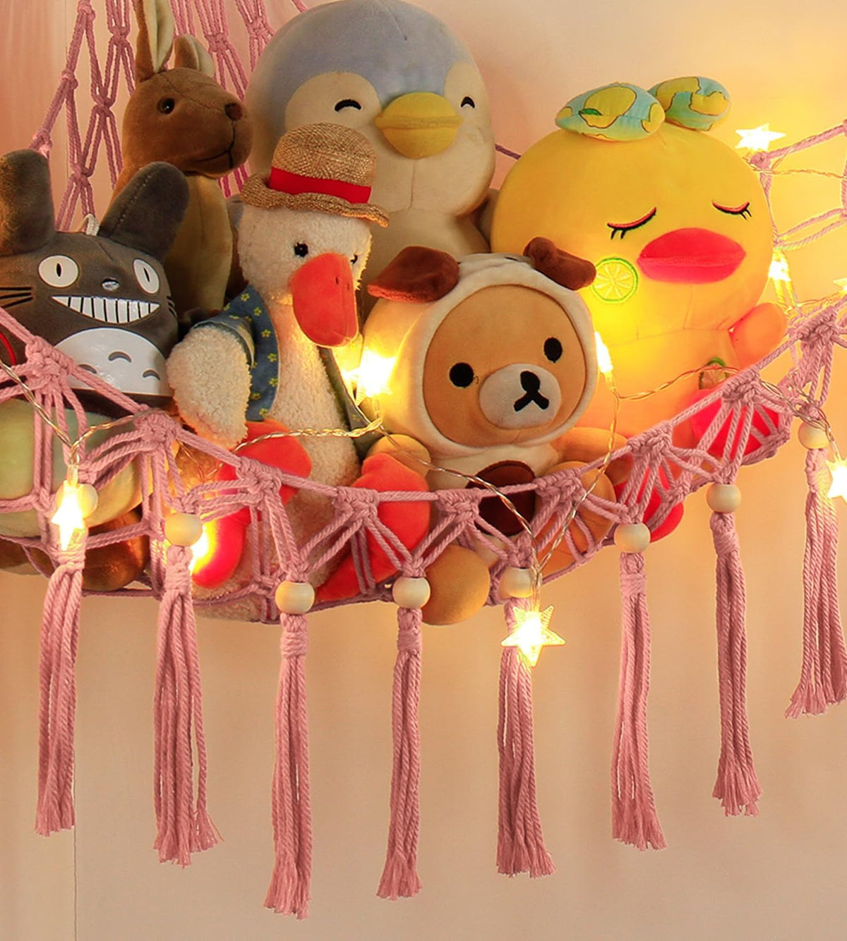 Stuffed Animal Toy Storage Hammock with LED Light - Macrame Jumbo Doll Corner Stuff Animals Organizer Decorations - Cute Hanging Plushie Net Kids Baby Nursery Bedroom Room Decor