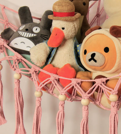 Stuffed Animal Toy Storage Hammock with LED Light - Macrame Jumbo Doll Corner Stuff Animals Organizer Decorations - Cute Hanging Plushie Net Kids Baby Nursery Bedroom Room Decor