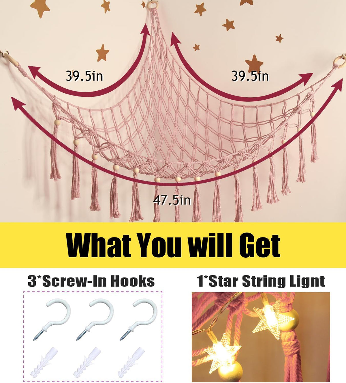 Stuffed Animal Toy Storage Hammock with LED Light - Macrame Jumbo Doll Corner Stuff Animals Organizer Decorations - Cute Hanging Plushie Net Kids Baby Nursery Bedroom Room Decor