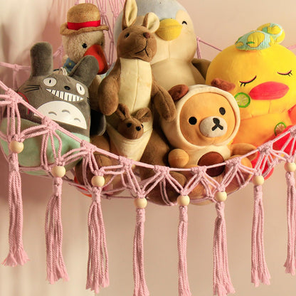 Stuffed Animal Toy Storage Hammock with LED Light - Macrame Jumbo Doll Corner Stuff Animals Organizer Decorations - Cute Hanging Plushie Net Kids Baby Nursery Bedroom Room Decor