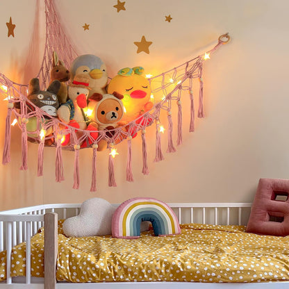 Stuffed Animal Toy Storage Hammock with LED Light - Macrame Jumbo Doll Corner Stuff Animals Organizer Decorations - Cute Hanging Plushie Net Kids Baby Nursery Bedroom Room Decor