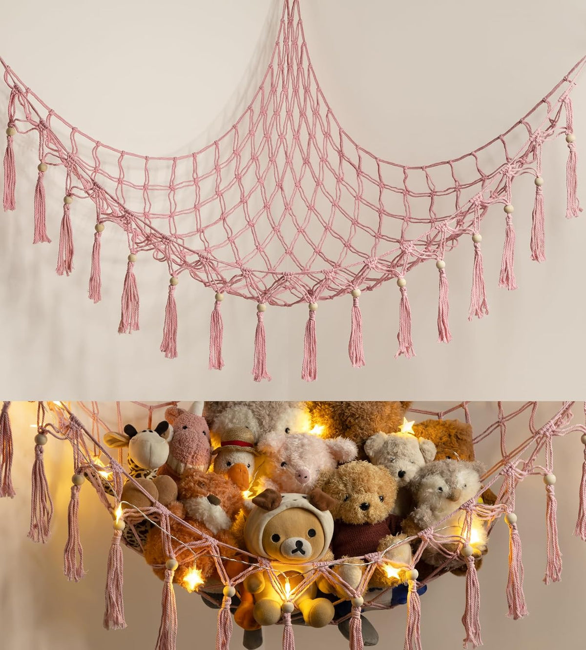 Stuffed Animal Toy Storage Hammock with LED Light - Macrame Jumbo Doll Corner Stuff Animals Organizer Decorations - Cute Hanging Plushie Net Kids Baby Nursery Bedroom Room Decor