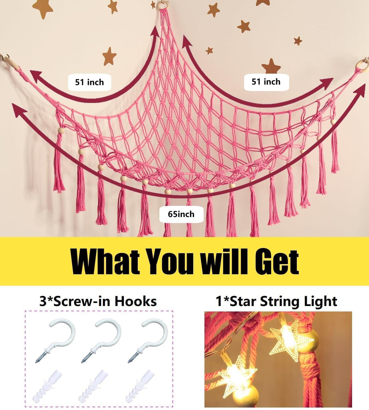 Stuffed Animal Toy Storage Hammock with LED Light - Macrame Jumbo Doll Corner Stuff Animals Organizer Decorations - Cute Hanging Plushie Net Kids Baby Nursery Bedroom Room Decor
