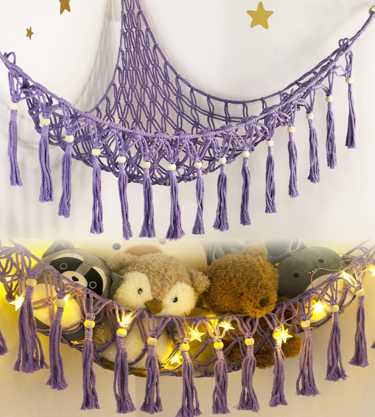 Stuffed Animal Toy Storage Hammock with LED Light - Macrame Jumbo Doll Corner Stuff Animals Organizer Decorations - Cute Hanging Plushie Net Kids Baby Nursery Bedroom Room Decor