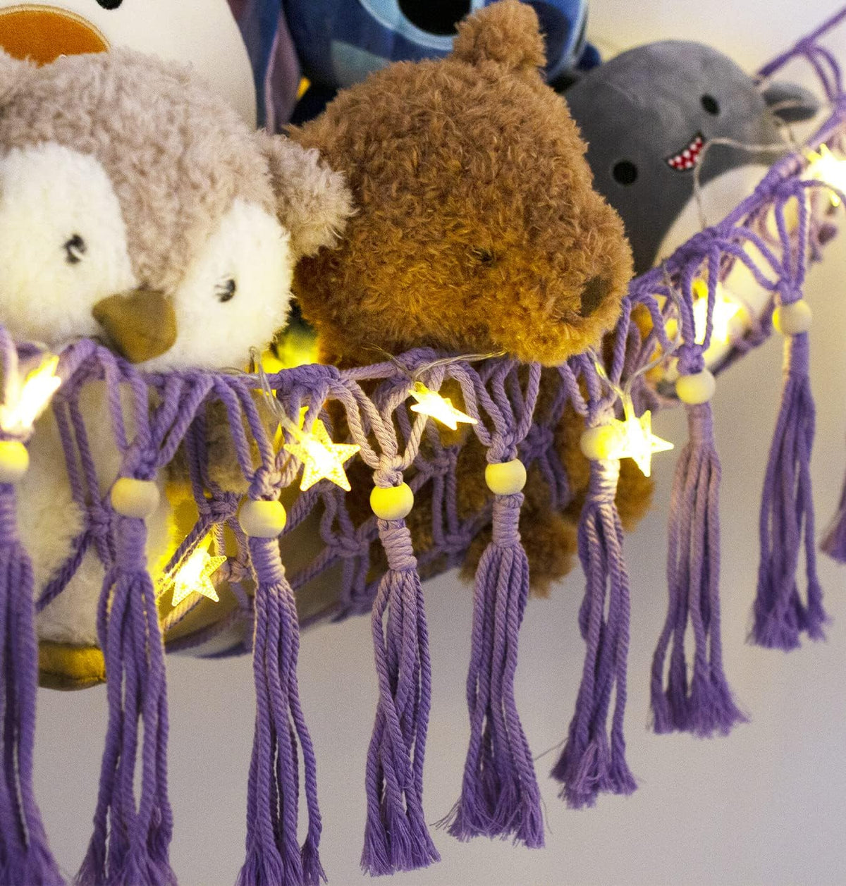 Stuffed Animal Toy Storage Hammock with LED Light - Macrame Jumbo Doll Corner Stuff Animals Organizer Decorations - Cute Hanging Plushie Net Kids Baby Nursery Bedroom Room Decor