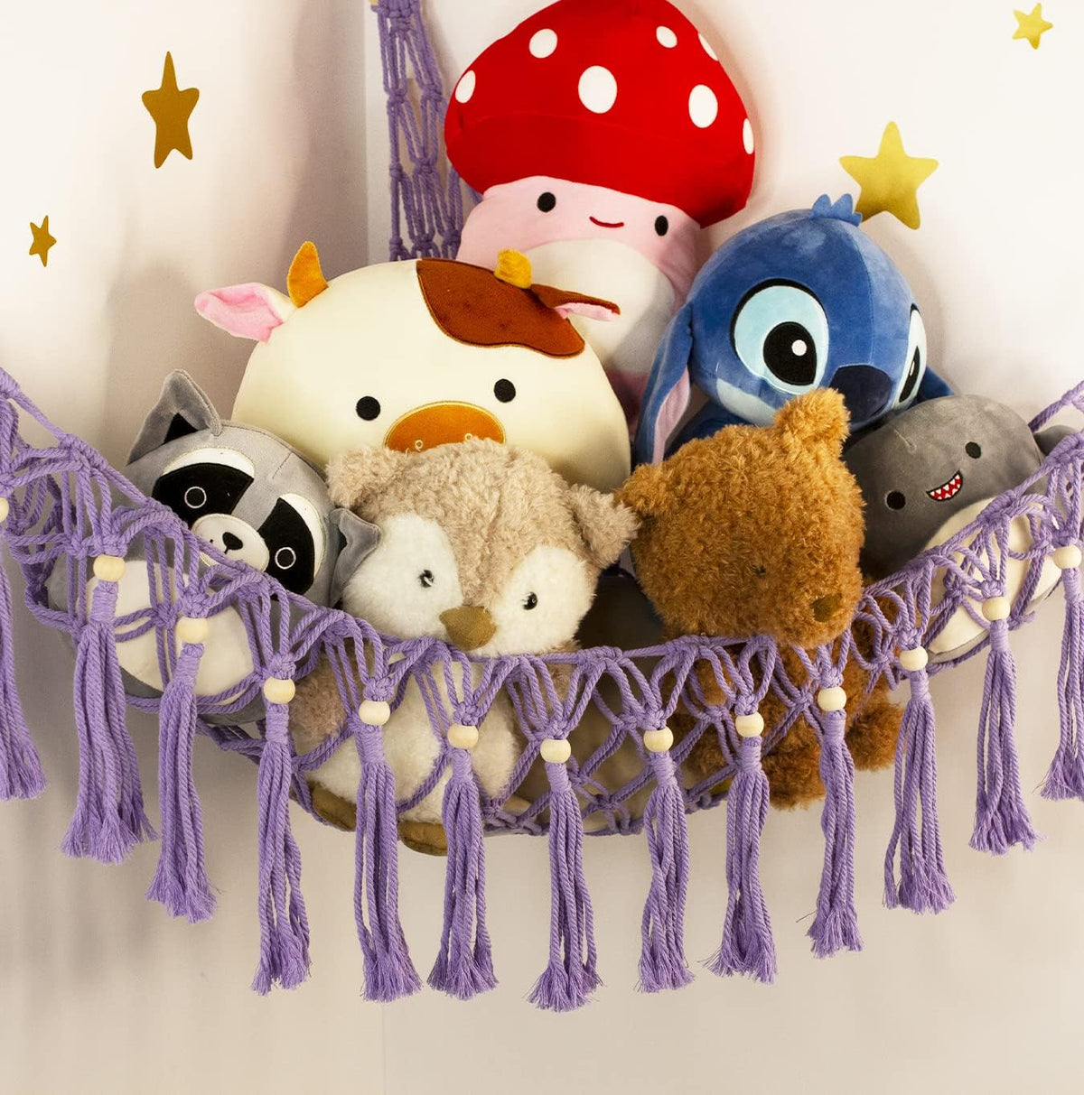 Stuffed Animal Toy Storage Hammock with LED Light - Macrame Jumbo Doll Corner Stuff Animals Organizer Decorations - Cute Hanging Plushie Net Kids Baby Nursery Bedroom Room Decor