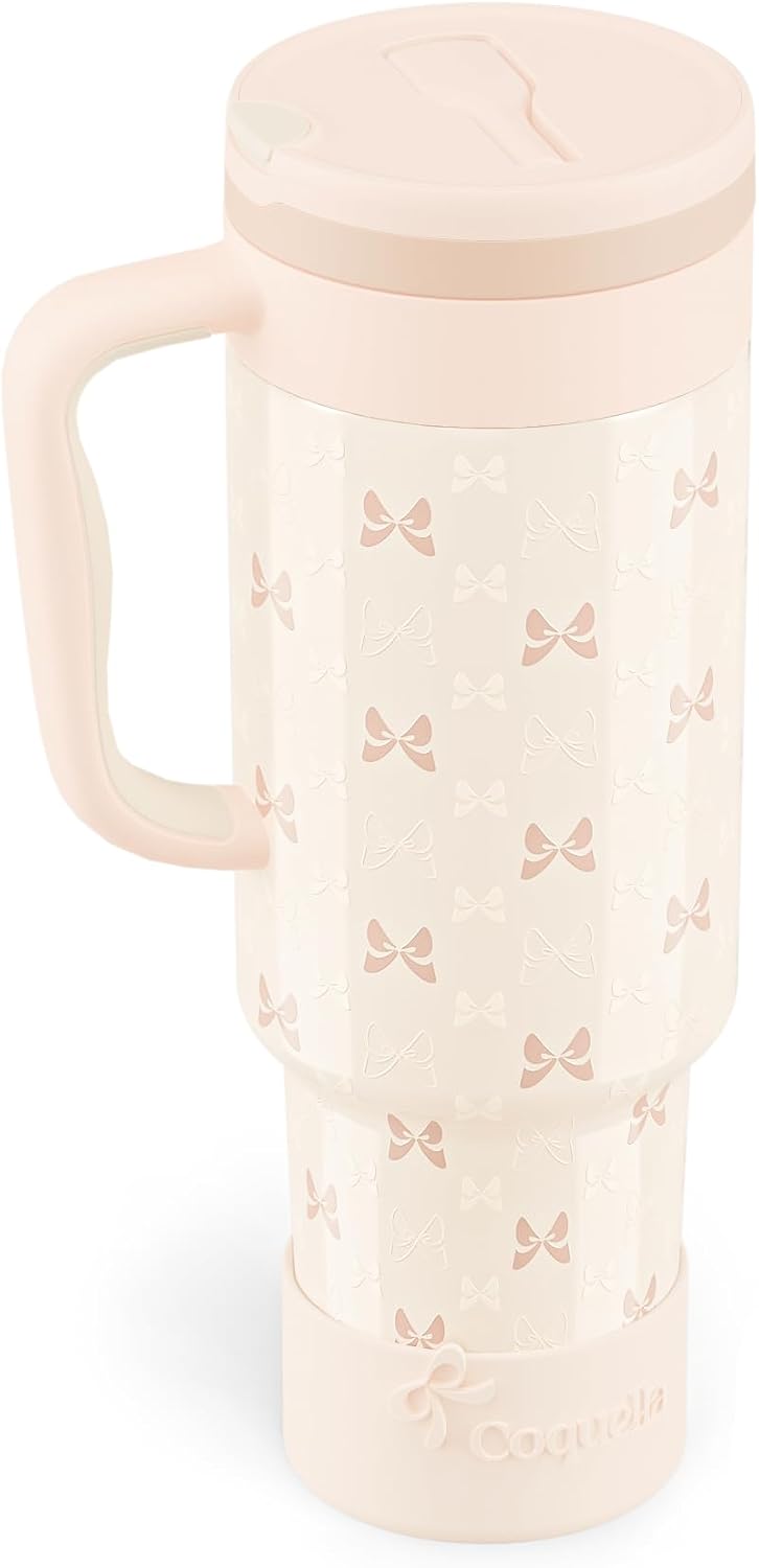 40 oz Insulated Tumbler with Handle and Push-Button Straw Lid, Stainless Steel Travel Cup for Gym Office, Leakproof, BPA-Free, Cup Holder Friendly, Bow Silicone Boot, Purple (Light Lilac)