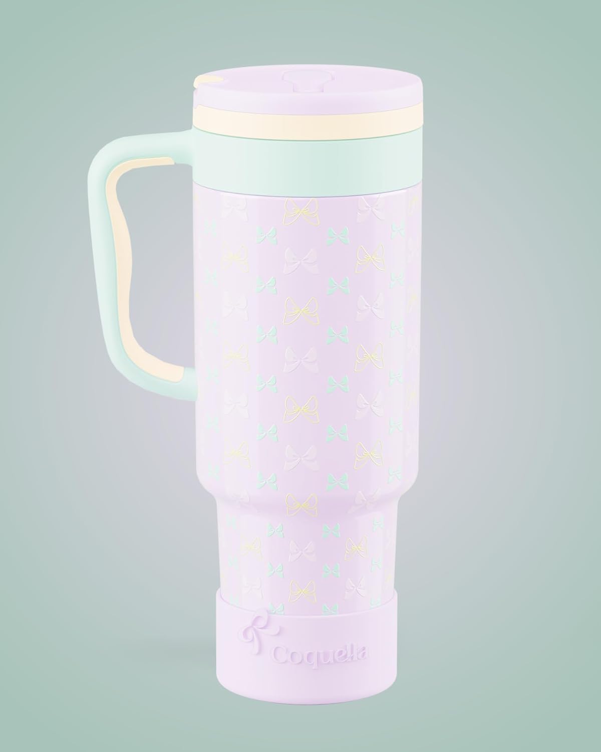 40 oz Insulated Tumbler with Handle and Push-Button Straw Lid, Stainless Steel Travel Cup for Gym Office, Leakproof, BPA-Free, Cup Holder Friendly, Bow Silicone Boot, Purple (Light Lilac)