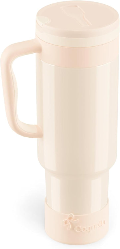 40 oz Insulated Tumbler with Handle and Push-Button Straw Lid, Stainless Steel Travel Cup for Gym Office, Leakproof, BPA-Free, Cup Holder Friendly, Bow Silicone Boot, Purple (Light Lilac)