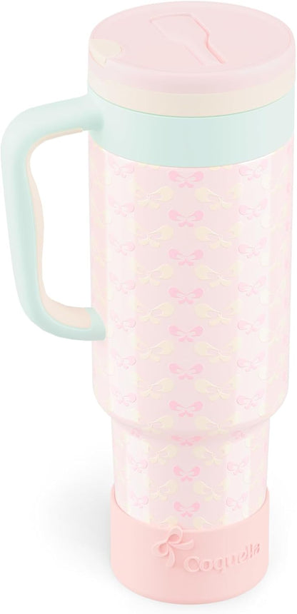 40 oz Insulated Tumbler with Handle and Push-Button Straw Lid, Stainless Steel Travel Cup for Gym Office, Leakproof, BPA-Free, Cup Holder Friendly, Bow Silicone Boot, Purple (Light Lilac)