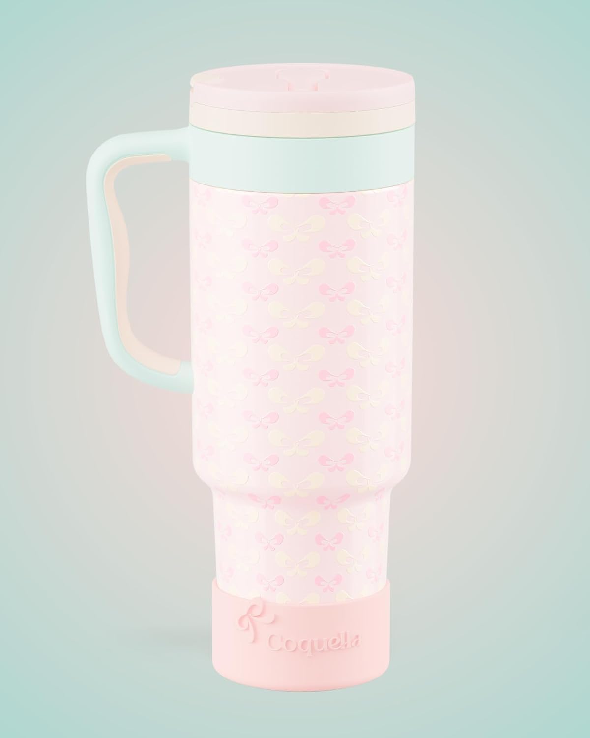 40 oz Insulated Tumbler with Handle and Push-Button Straw Lid, Stainless Steel Travel Cup for Gym Office, Leakproof, BPA-Free, Cup Holder Friendly, Bow Silicone Boot, Purple (Light Lilac)